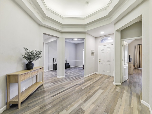 entryway featuring wood-type flooring and a high ceiling