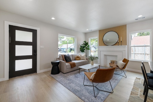 living room featuring a wealth of natural light, a large fireplace, and light hardwood / wood-style floors