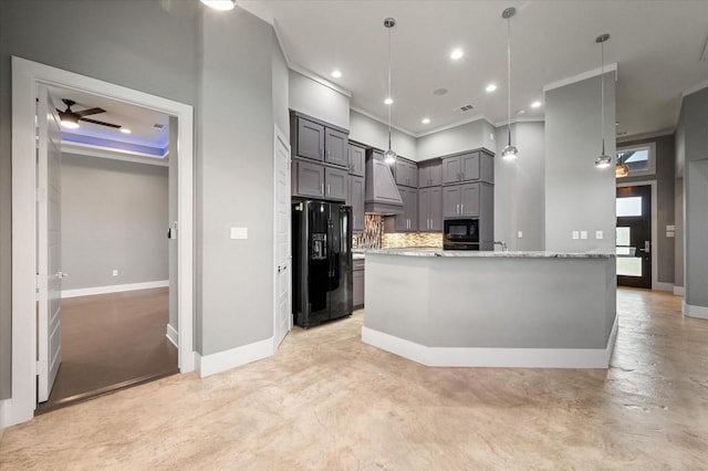 kitchen with gray cabinets, premium range hood, black appliances, tasteful backsplash, and ceiling fan