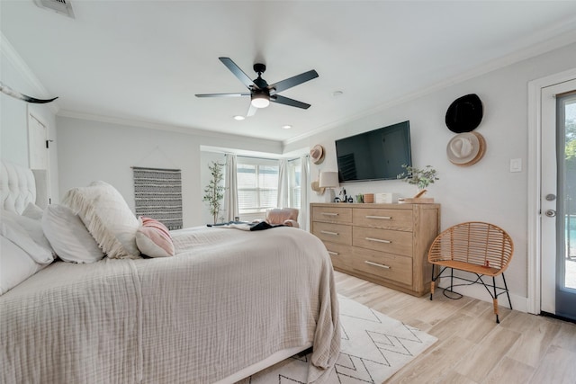 bedroom with crown molding, ceiling fan, access to exterior, and light hardwood / wood-style flooring