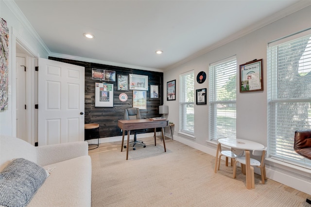 office area featuring ornamental molding and wood walls