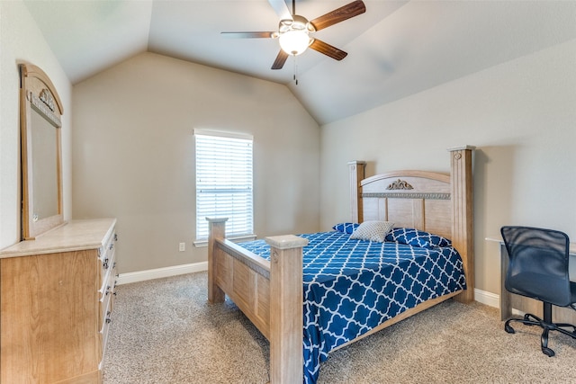 carpeted bedroom featuring vaulted ceiling and ceiling fan