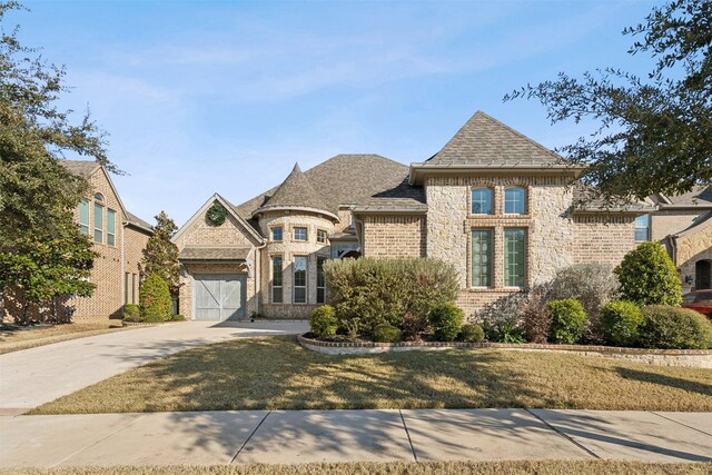 french provincial home featuring a garage and a front yard