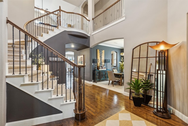 foyer entrance with a high ceiling and hardwood / wood-style flooring