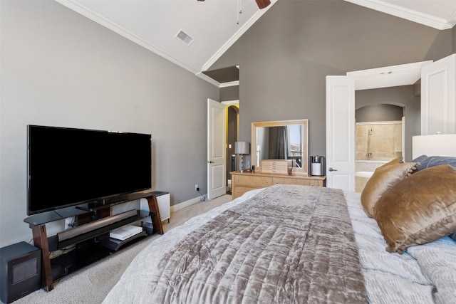 bedroom featuring ensuite bathroom, ceiling fan, light colored carpet, high vaulted ceiling, and crown molding