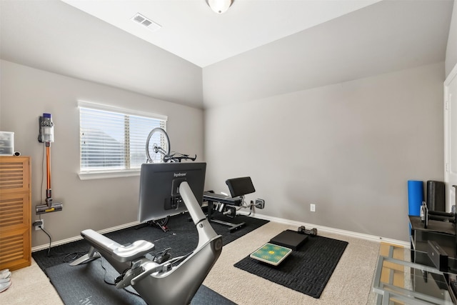 exercise room with carpet floors and lofted ceiling