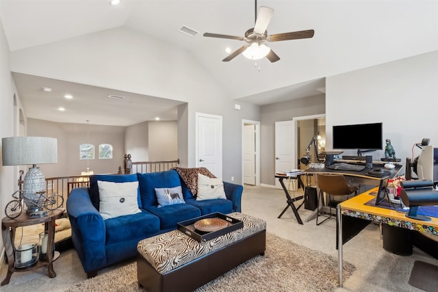 carpeted living room featuring ceiling fan and lofted ceiling