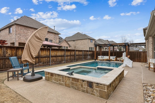 view of swimming pool with a pergola, an in ground hot tub, and a patio