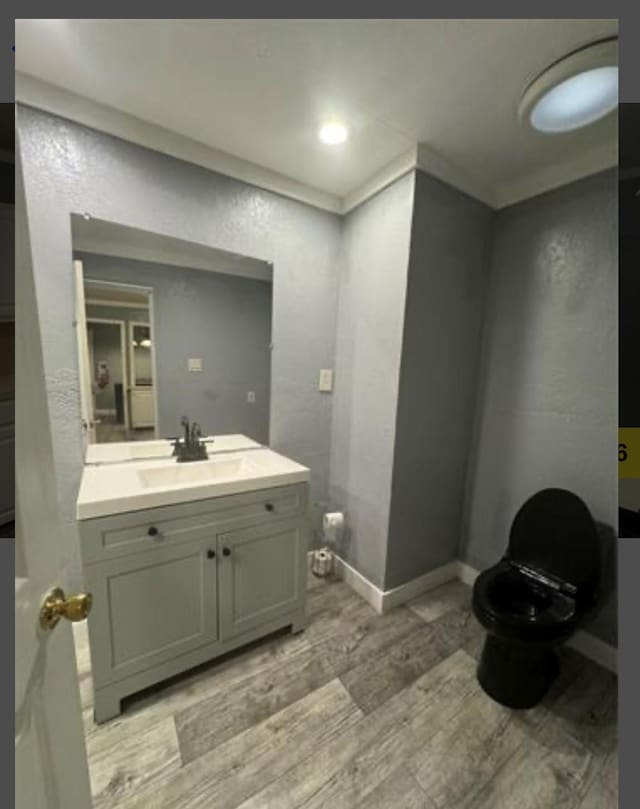 bathroom with hardwood / wood-style floors, vanity, ornamental molding, and toilet