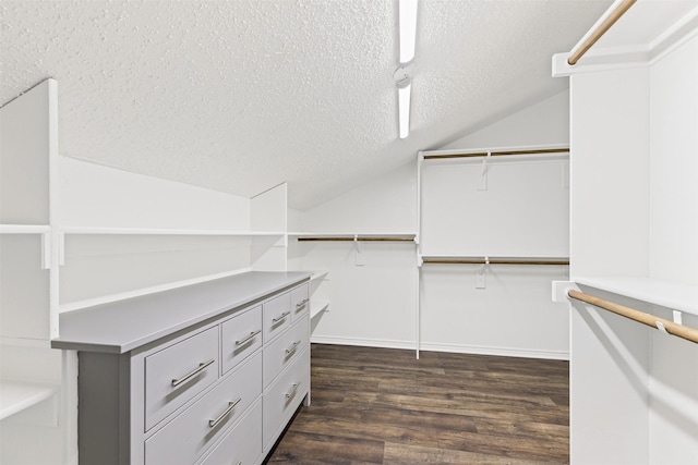 walk in closet with dark hardwood / wood-style flooring and vaulted ceiling