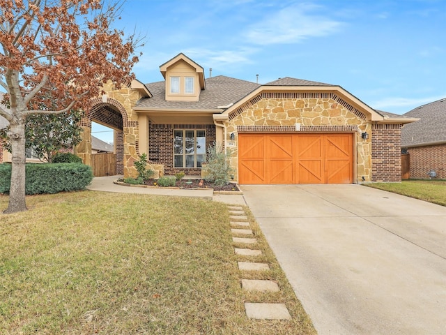 view of front of property featuring a front lawn and a garage