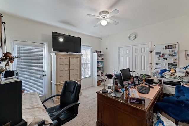 carpeted home office featuring ceiling fan and a textured ceiling