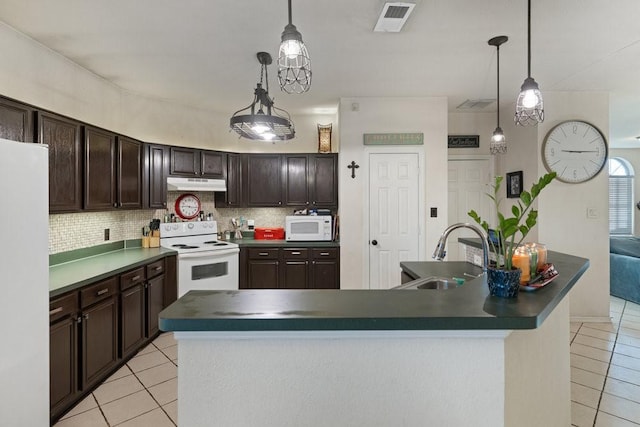 kitchen with backsplash, dark brown cabinets, white appliances, sink, and hanging light fixtures