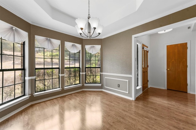 unfurnished dining area featuring a raised ceiling, hardwood / wood-style floors, and a healthy amount of sunlight