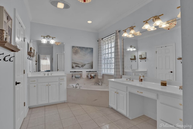 bathroom with tile patterned flooring, ornamental molding, a tub, and vanity