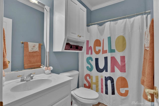 bathroom featuring a shower with curtain, ornamental molding, toilet, and vanity