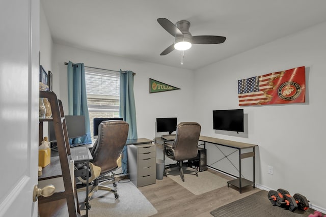 office featuring ceiling fan and light hardwood / wood-style flooring