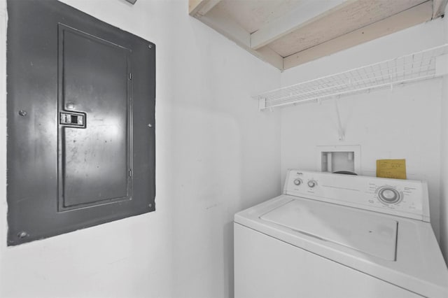 clothes washing area featuring electric panel and washer / clothes dryer