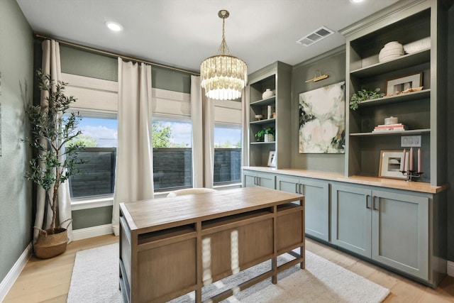 office area with recessed lighting, a notable chandelier, visible vents, baseboards, and light wood-type flooring