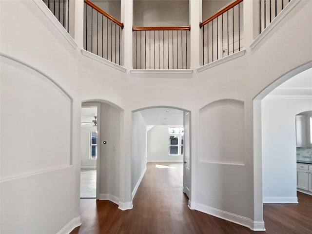 corridor featuring a high ceiling and dark hardwood / wood-style floors