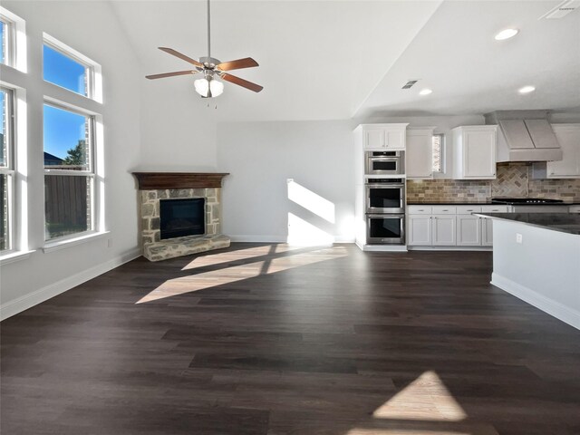 kitchen featuring premium range hood, white cabinets, a stone fireplace, vaulted ceiling, and tasteful backsplash