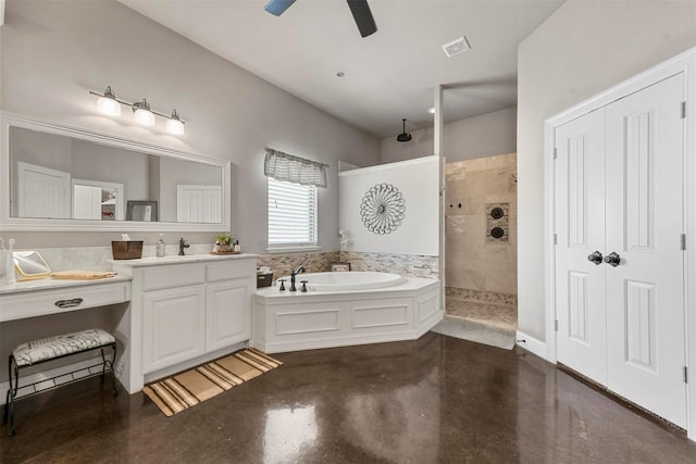 bathroom with concrete flooring, vanity, ceiling fan, and plus walk in shower