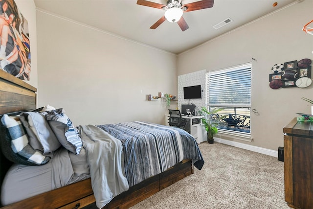 bedroom featuring light carpet and ceiling fan