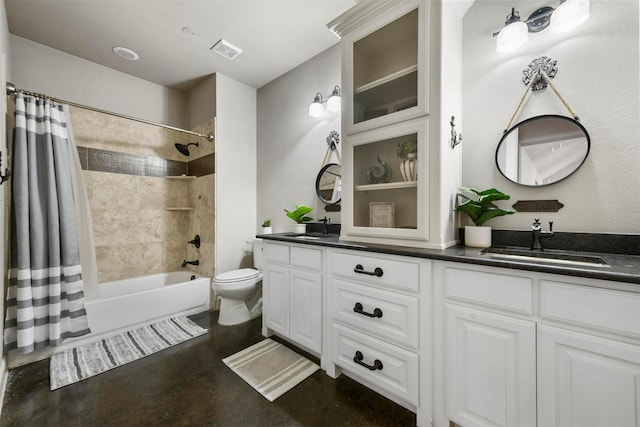 full bathroom featuring toilet, vanity, and shower / tub combo with curtain