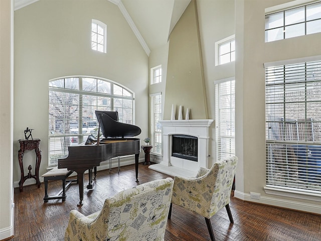 sitting room featuring crown molding, a towering ceiling, a wealth of natural light, and a large fireplace