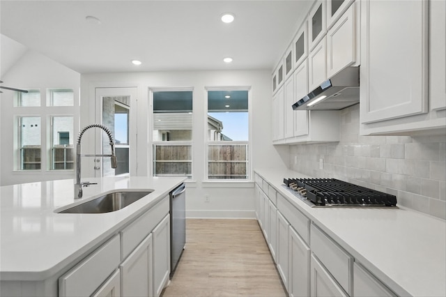 1829 Dolce Ln, Mclendon Chisholm, TX 75032 - kitchen featuring tasteful backsplash, under cabinet range hood, appliances with stainless steel finishes, light countertops, and a sink