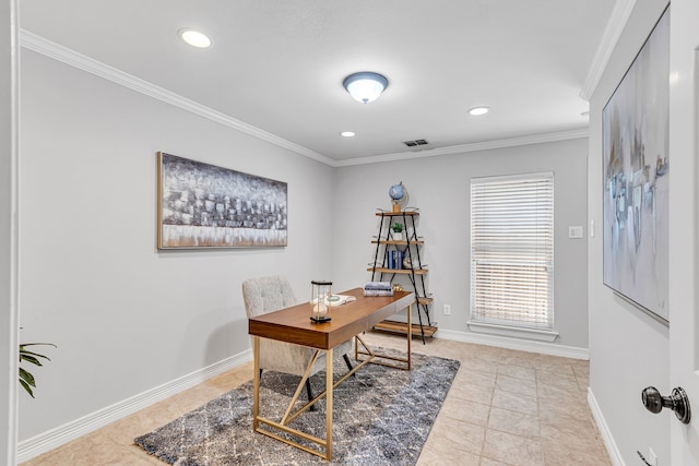 tiled home office featuring crown molding