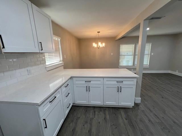 kitchen featuring white cabinets, pendant lighting, and kitchen peninsula