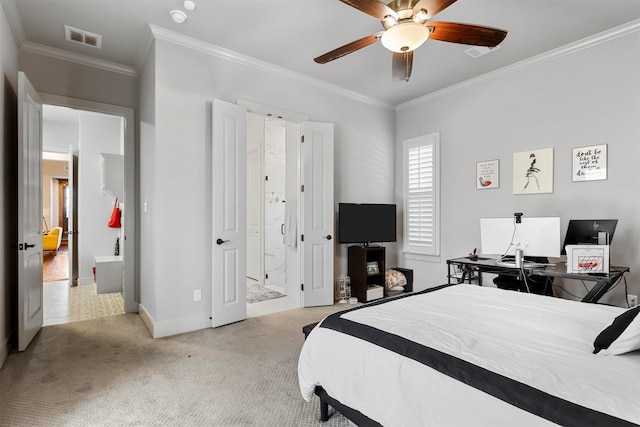 bedroom featuring light carpet, crown molding, and ceiling fan