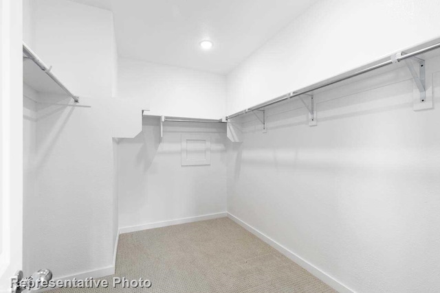 spacious closet featuring light carpet