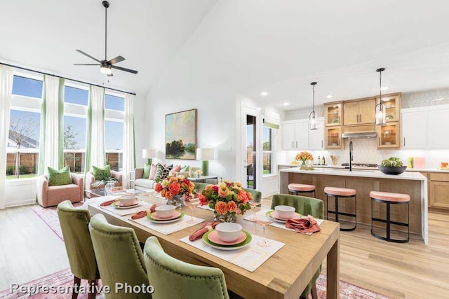 dining space with ceiling fan, lofted ceiling, and light hardwood / wood-style floors