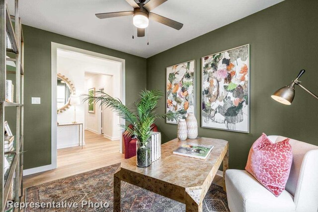 office with ceiling fan and light hardwood / wood-style flooring