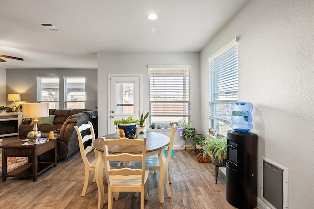 dining room featuring hardwood / wood-style floors, plenty of natural light, and ceiling fan