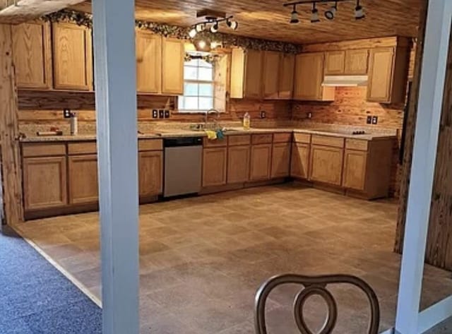 kitchen with dishwasher, light brown cabinets, black electric stovetop, sink, and wood ceiling