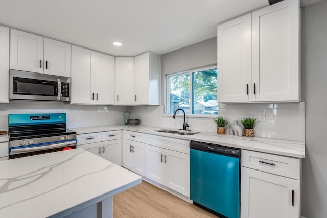 kitchen featuring white cabinetry, sink, stainless steel appliances, and light stone counters