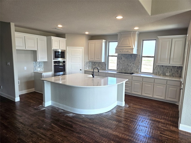 kitchen with custom exhaust hood, a kitchen island with sink, white cabinets, sink, and appliances with stainless steel finishes