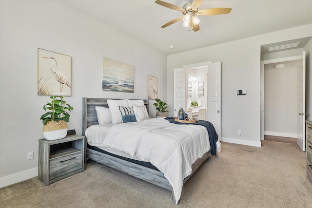 bedroom with visible vents, light carpet, baseboards, and a ceiling fan