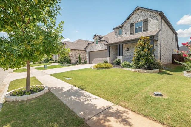 view of front of home featuring a front yard, a garage, brick siding, and driveway