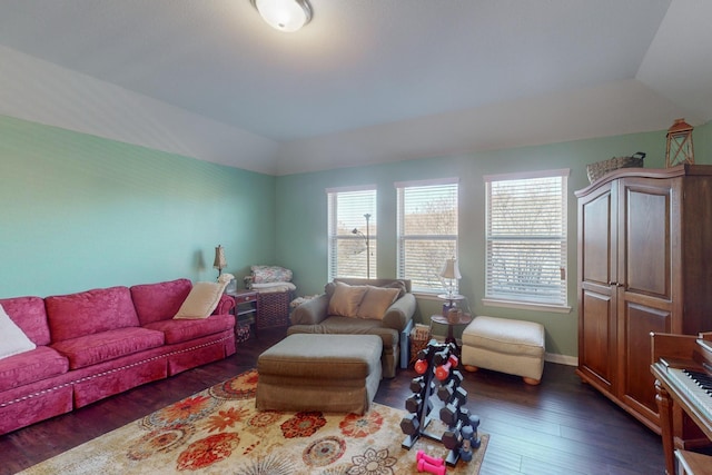 living room with a tray ceiling and dark hardwood / wood-style floors