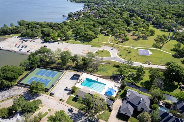 drone / aerial view with a water view