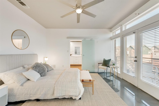 bedroom with access to exterior, french doors, and ceiling fan