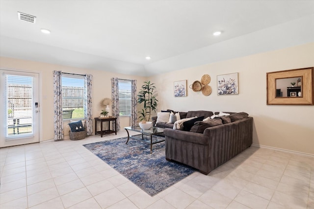 living room featuring light tile patterned flooring