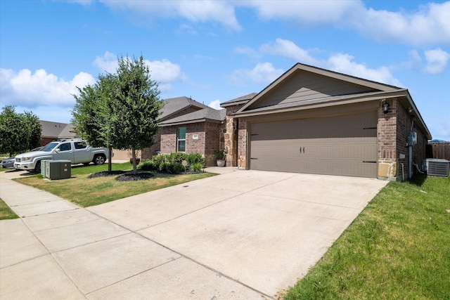 single story home featuring a garage, central AC, and a front yard