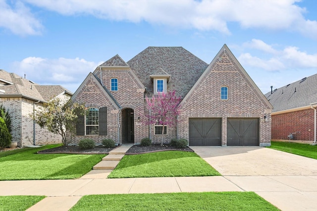 tudor house with a garage and a front lawn