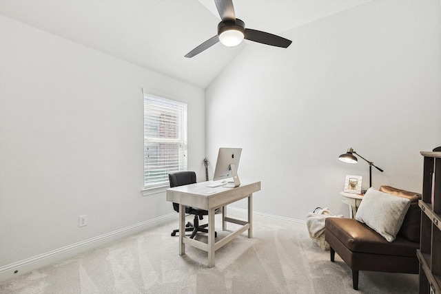 office with light colored carpet, vaulted ceiling, and ceiling fan