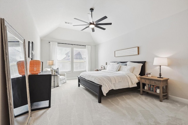 bedroom featuring light colored carpet, ceiling fan, and lofted ceiling